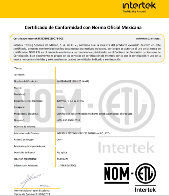 Intertek为立达信颁发的NOM-030-ENER-2016本地测试证书