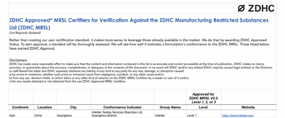 已在ZDHC官网进行公示